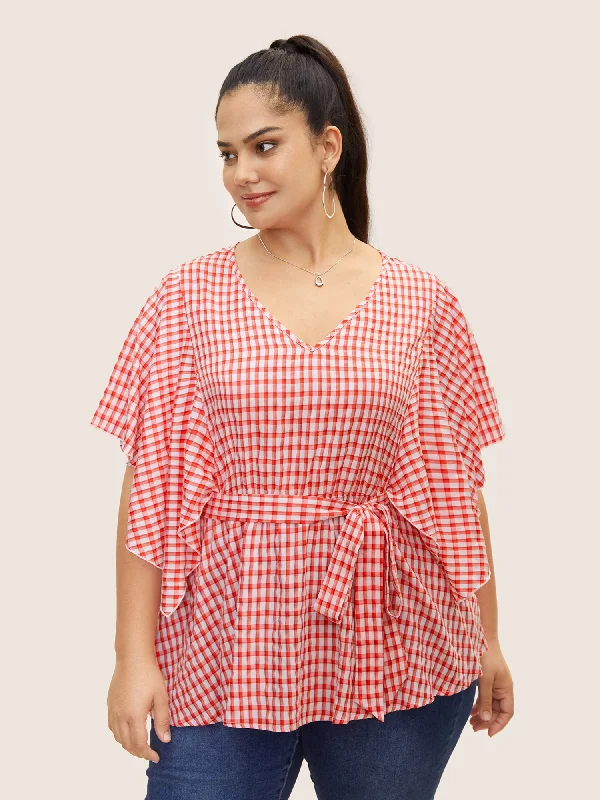 V Neck Gingham Tie Knot Ruffles Blouse