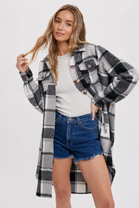 Black Plaid Fleece Long Shirt Jacket