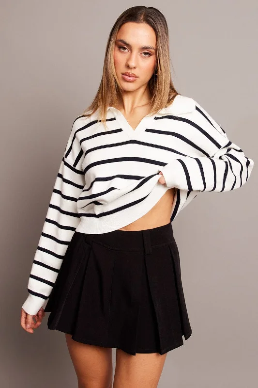 White Stripe Knit Top Long Sleeve Collar