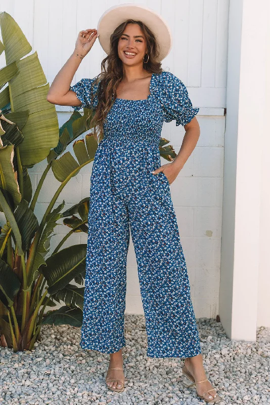 Smocked Short Puff Sleeve Wide Leg Jumpsuit