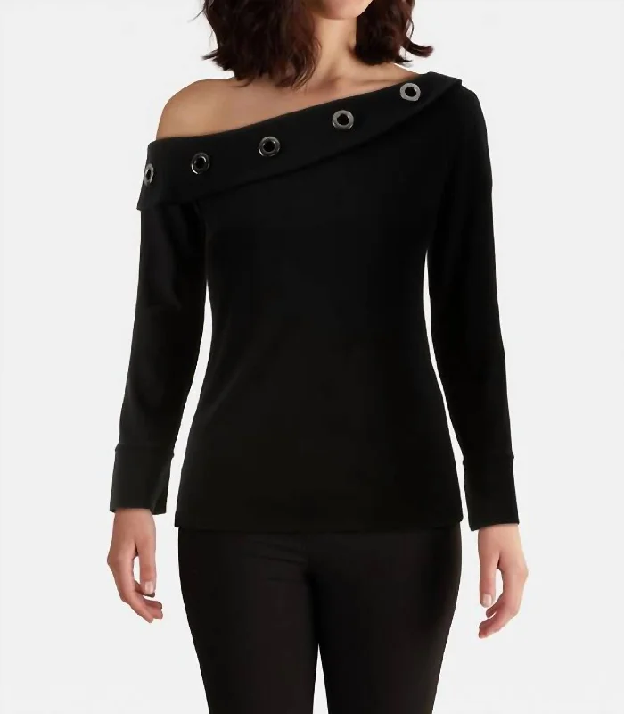 Eyelet Detail One-Shoulder Top In Black