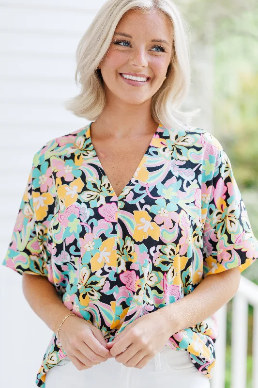 Easily Accepted Black Pastel Floral Top