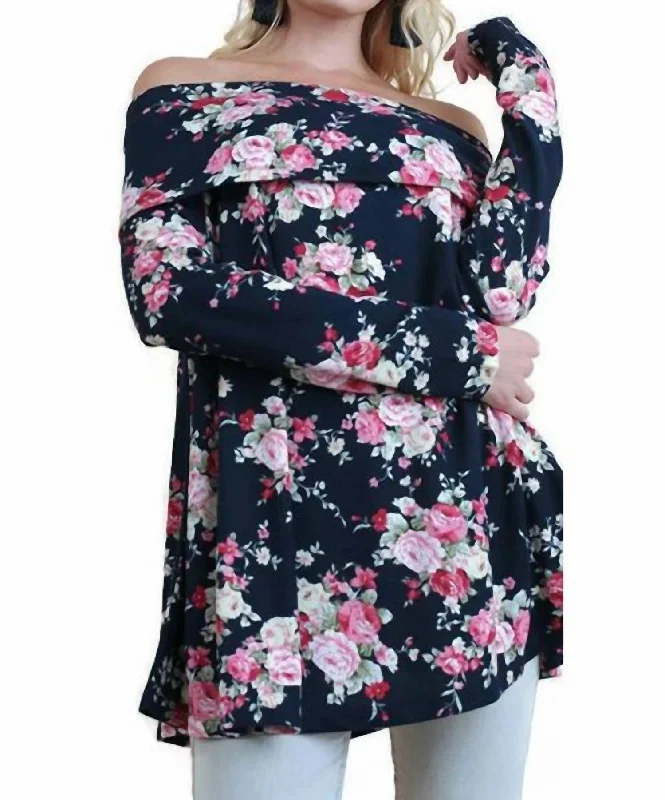 Rose Garden Off The Shoulder Top In Navy Mix