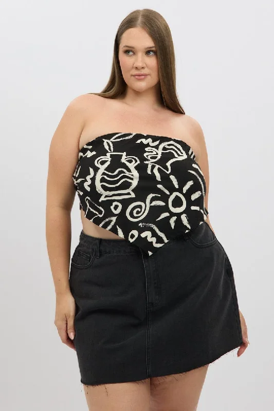 Black Abstract Scarf Top Strapless Linen Blend