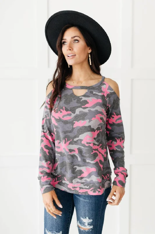 Hot Camo Cold Shoulder Top In Grey