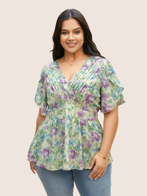 V Neck Floral Petal Sleeve Pleated Blouse