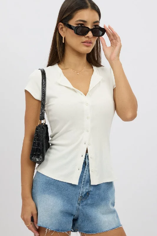 White Button Front Top Short Sleeve