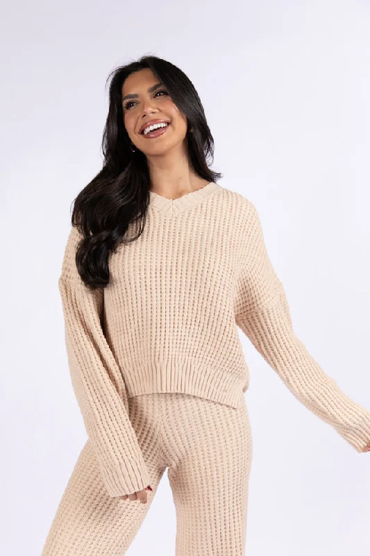 This Is Why Tan Thermal Waffle Knit Pullover SALE