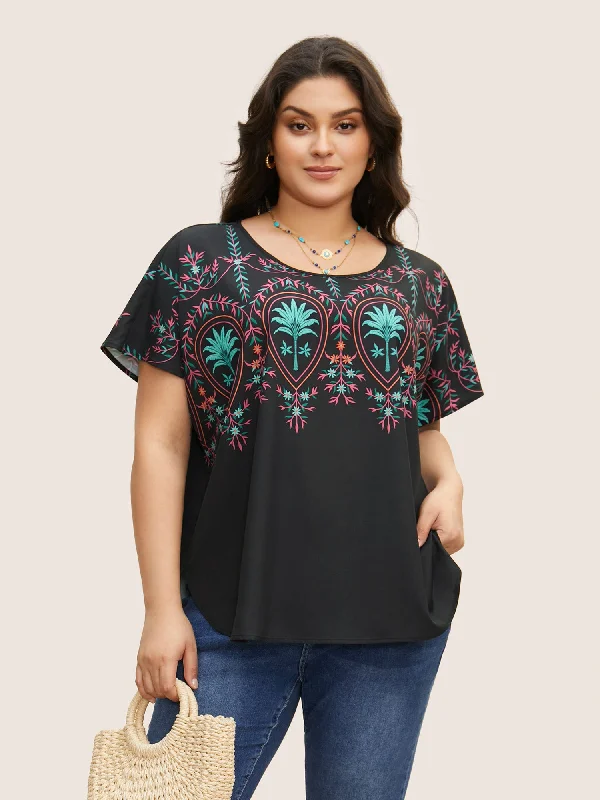 Round Neck Boho Print Dolman Sleeve Blouse