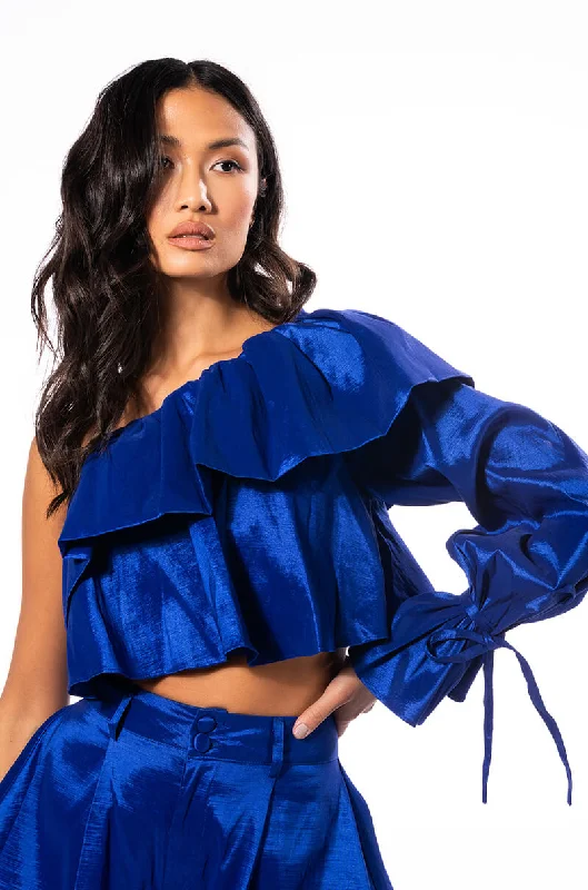 KAMILA ONE SHOULDER STRETCH TAFFETA CROPPED BLOUSE