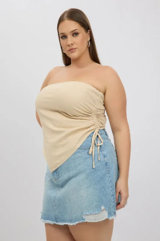 Beige Ruched Tube Top Strapless Linen Blend