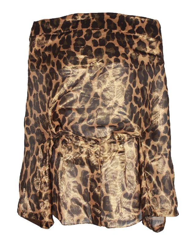 Michael Kors Leopard Print Off-Shoulder Top in Metallic Brown/Gold Silk