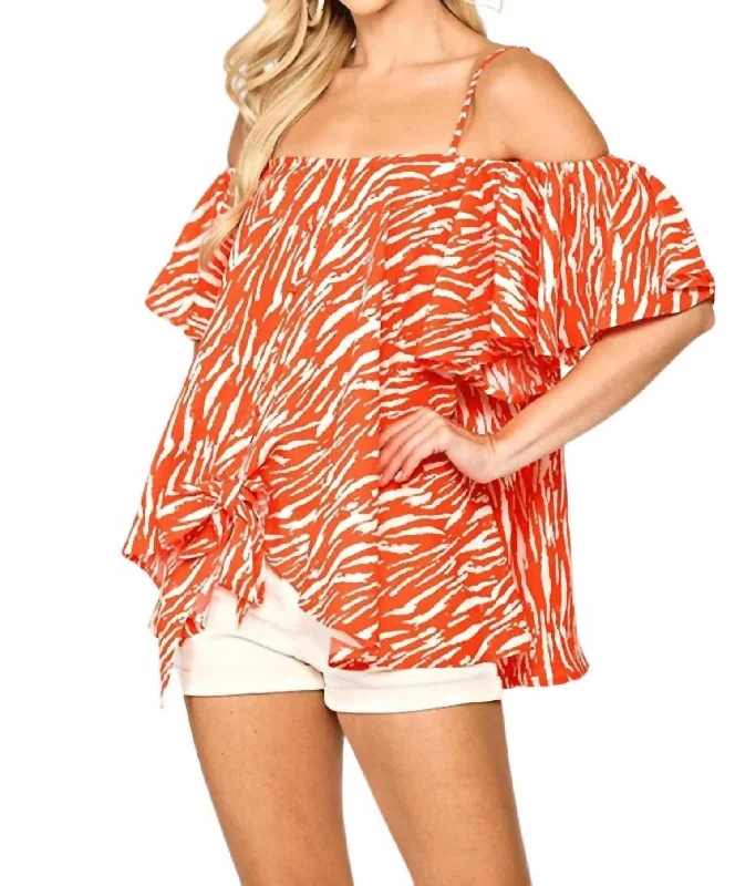 Clarissa Zebra Print Cold Shoulder Top In Tangerine