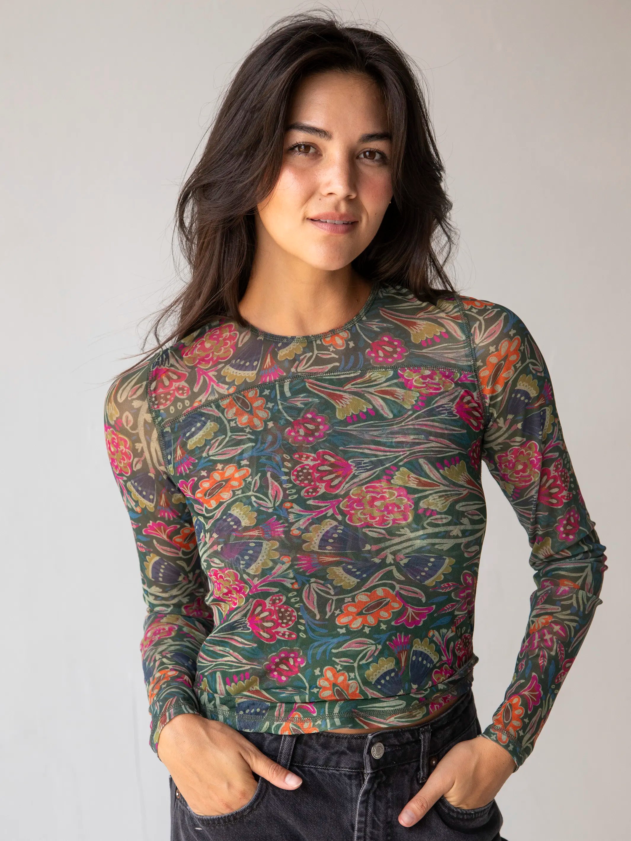 Sloane Mesh Long Sleeve Top - Green Painterly Vines