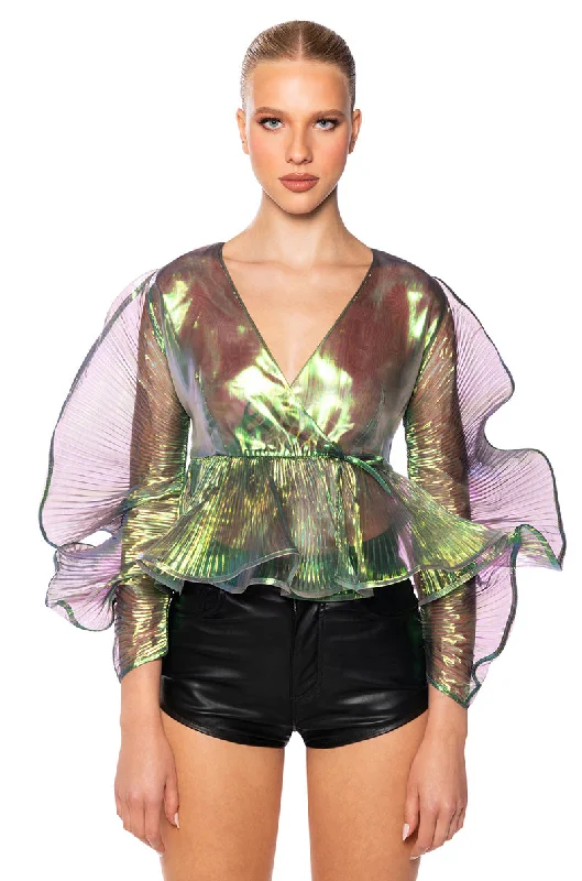 ETHEREAL PLEATED PEPLUM WRAP BLOUSE