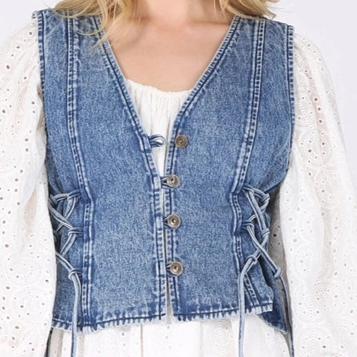 Women's Button Front Denim Vest in Medium Wash