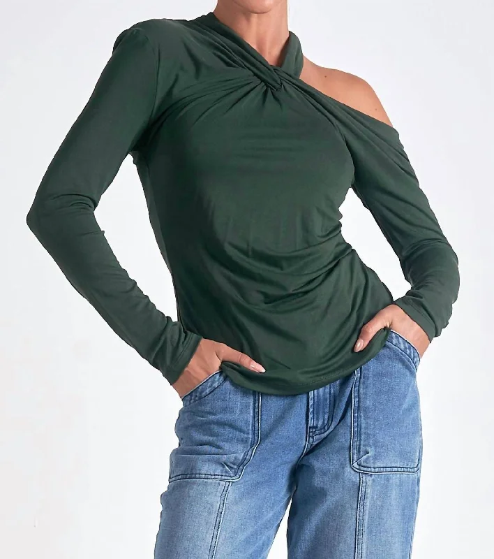 Long Sleeve Off-Shoulder Top In Dark Green