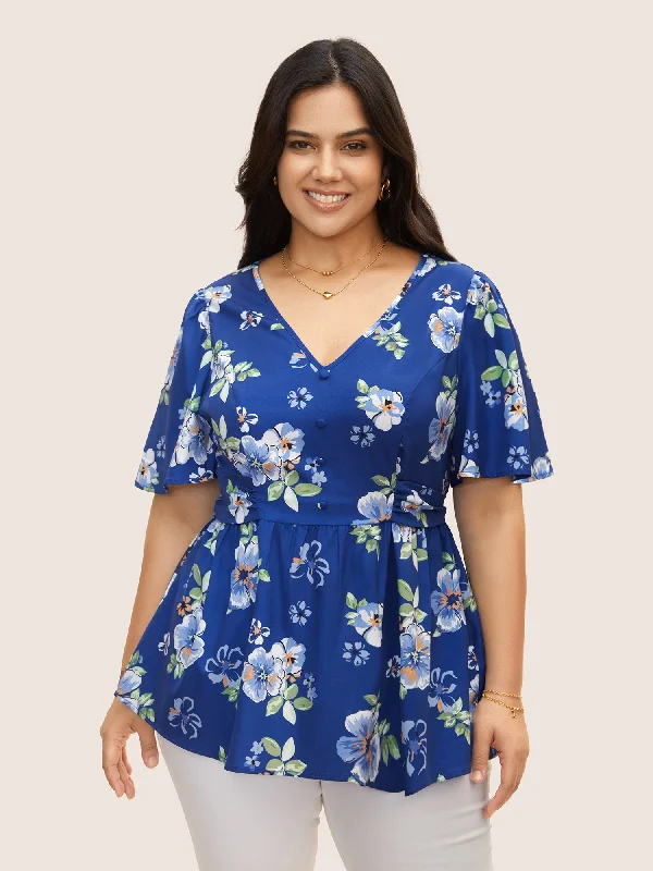 Floral Print Ruched Ruffle Sleeve Blouse