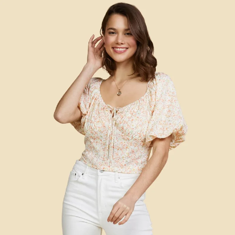 Smocked Floral Print Top (Mango Sorbet)