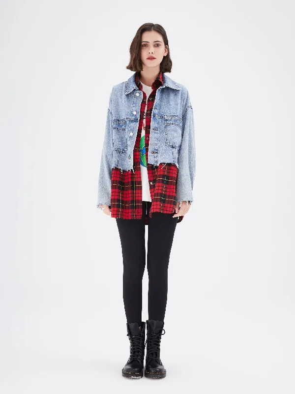 Red Plaid Shirt Denim Jacket