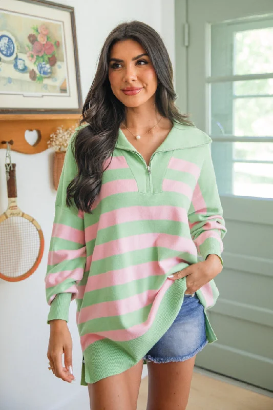 Pulling Heartstrings Green and Pink Striped Quarter Zip Pullover SALE