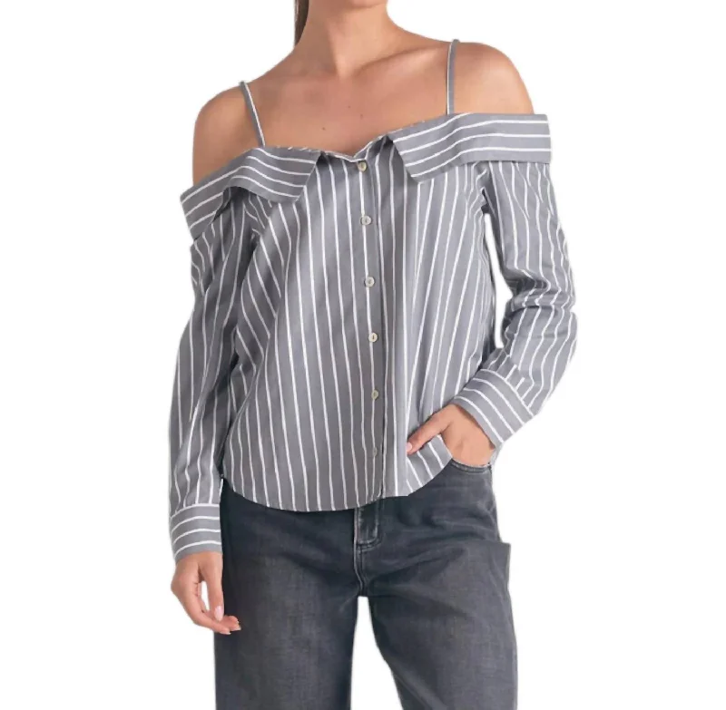 Striped Off The Shoulder Top In Grey