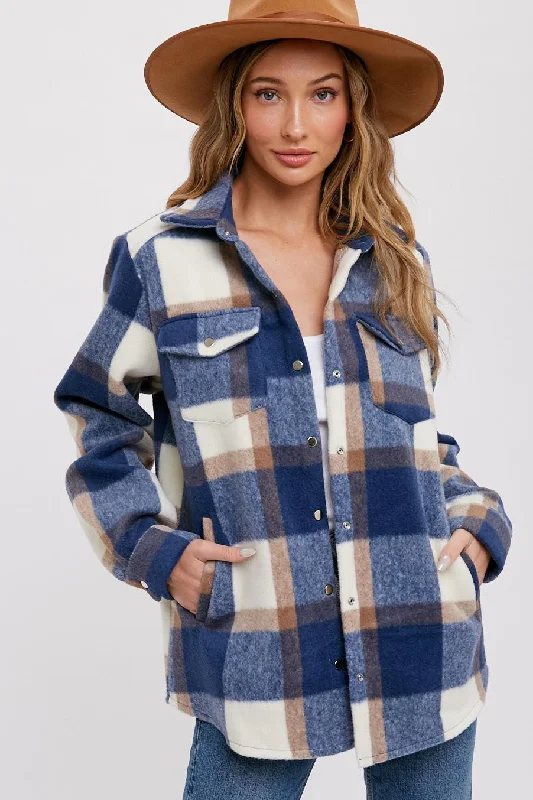 Navy Plaid Fleece Shirt Jacket