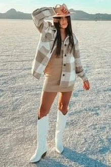 Beige Plaid Knit Shirt Jacket