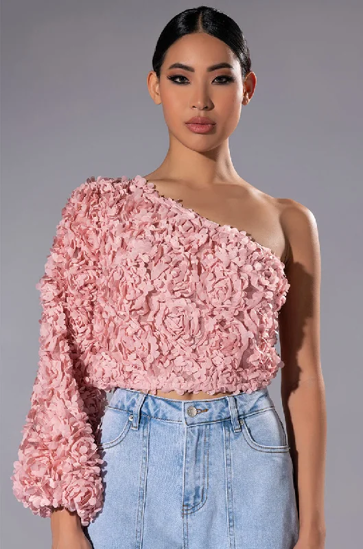 LUCIA FLORAL APPLIQUE ONE SHOULDER CROP BLOUSE