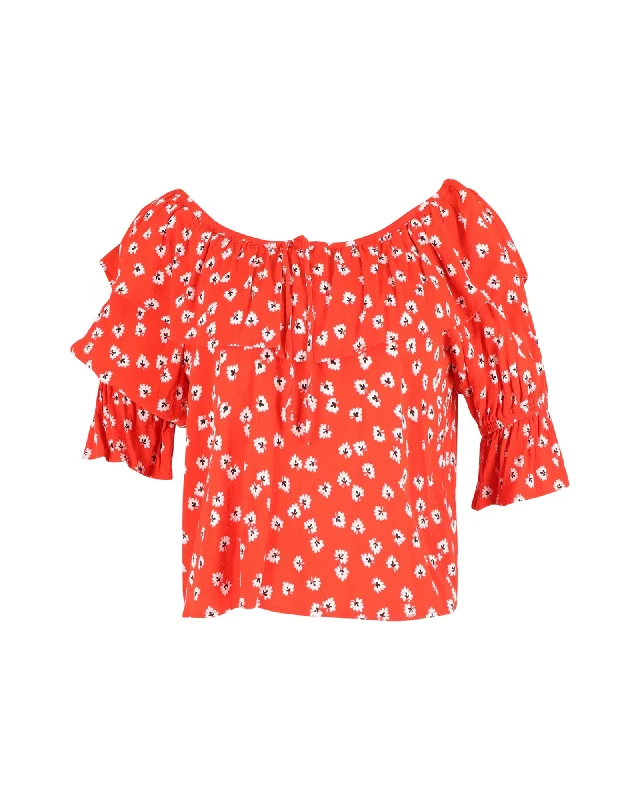 Ganni Silvery Floral Off-Shoulder Top in Red Viscose