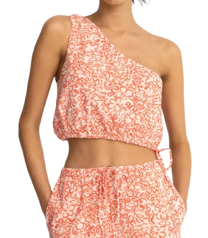 Islander Floral One Shoulder Top In Coral