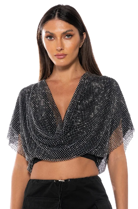 INDIGO DRAPED RHINESTONE MESH BLOUSE