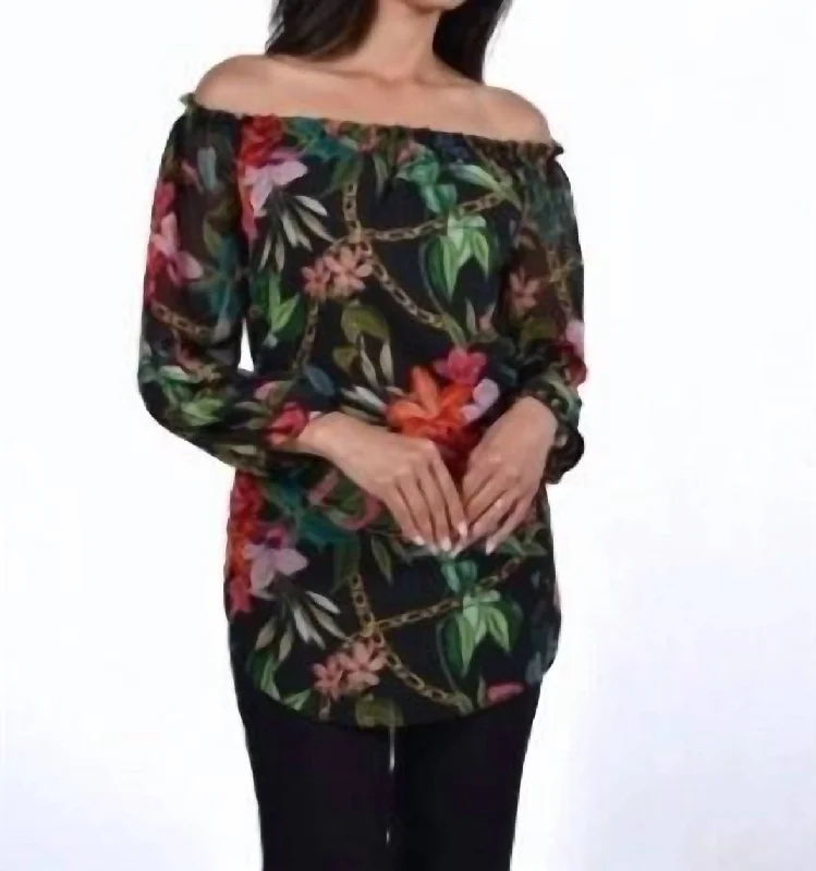 Floral Off The Shoulder Top In Black/green