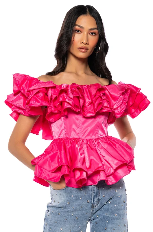 AMARI OFF THE SHOULDER RUFFLE PEPLUM BLOUSE