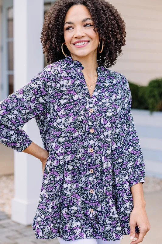 Tell Us The Truth Navy Blue Ditsy Floral Tunic