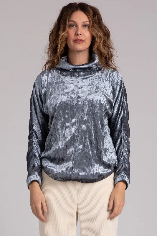 Crinkle Velvet Funnel Neck Top | Gunmetal