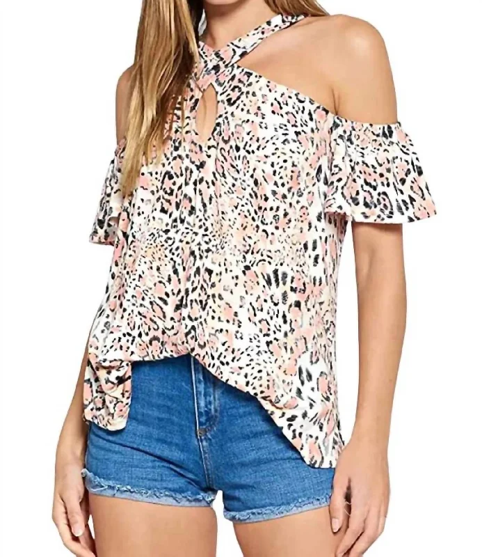 Amelia Animal Print Cold-Shoulder Top In Pink