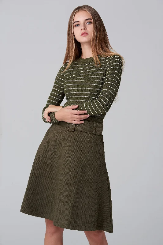 Army  Green Suede Skirt and Stripe Top Set