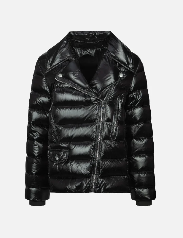 Pearlized Black Fashion Fit Biker Down Jacket