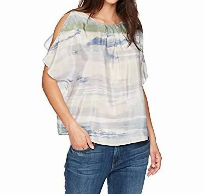 Silk Watercolor Printed Cold Shoulder Top In Blue