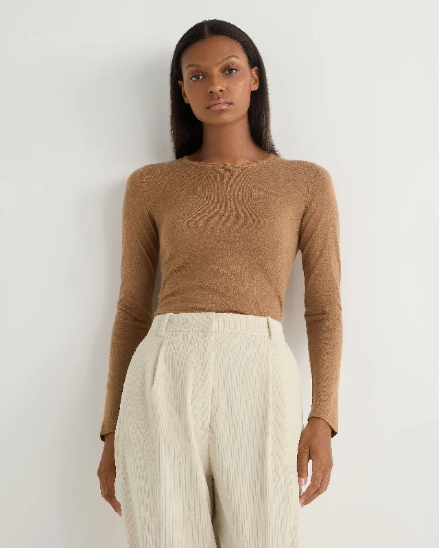 Women's Eden Superfine Cashmere Round Neck Top Dark Camel Brown