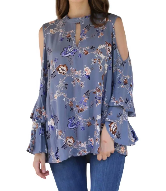 Jaquard Keyhole Cold Shoulder Top In Blue/grey