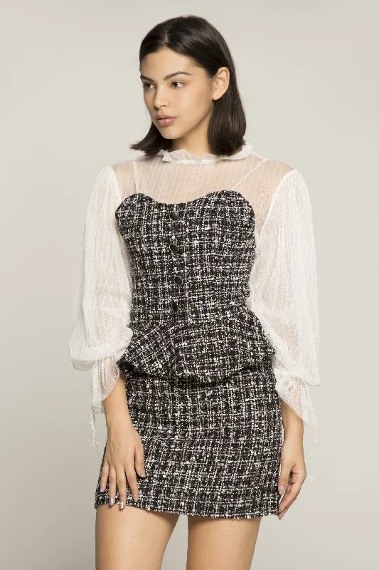 White Sheer Sleeves Tweed Button Up Peplum Top and Skirt