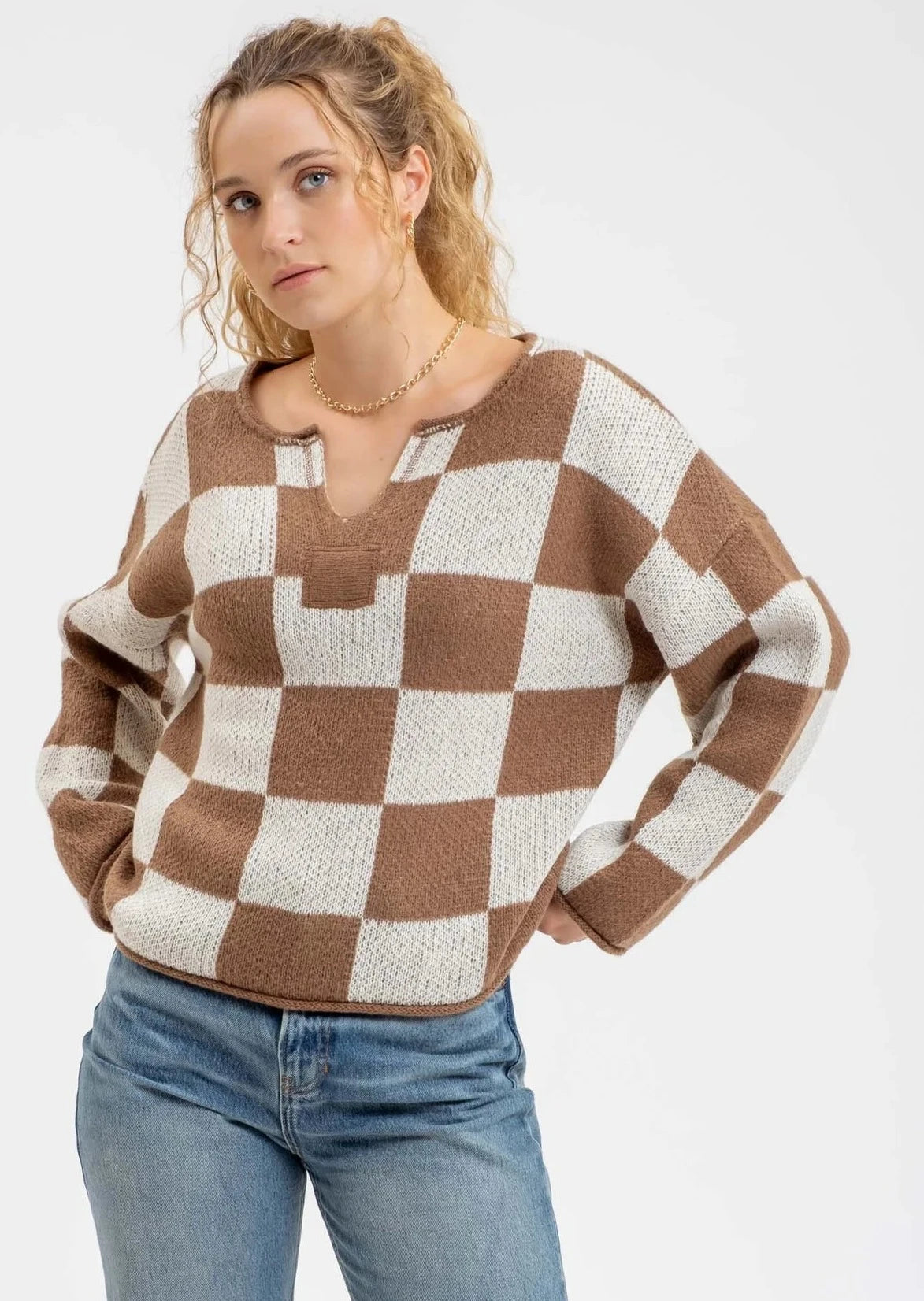 Mocha Checkered Split Neck Pullover - FINAL SALE