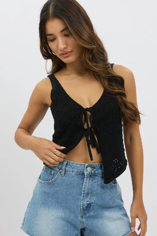 Black Crochet Knit Vest Tie Up