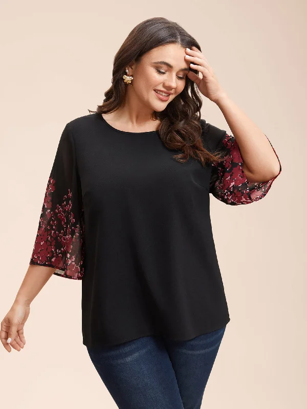 Floral Spliced Round Neck Blouse