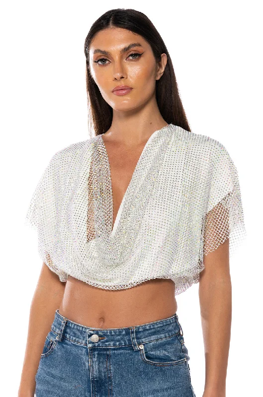 INDIGO DRAPED RHINESTONE MESH BLOUSE