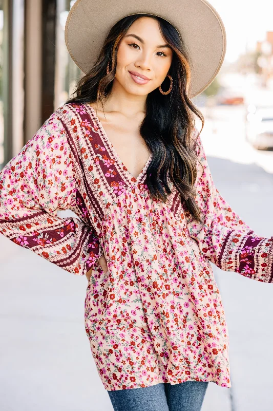 Searching For Joy Wine Red Mixed Print Tunic