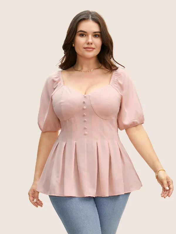 Solid Heart Neckline Pleated Button Detail Blouse