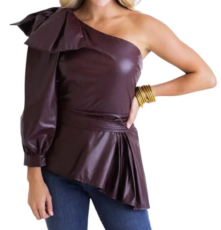 Pleather One Shoulder Top In Burgundy